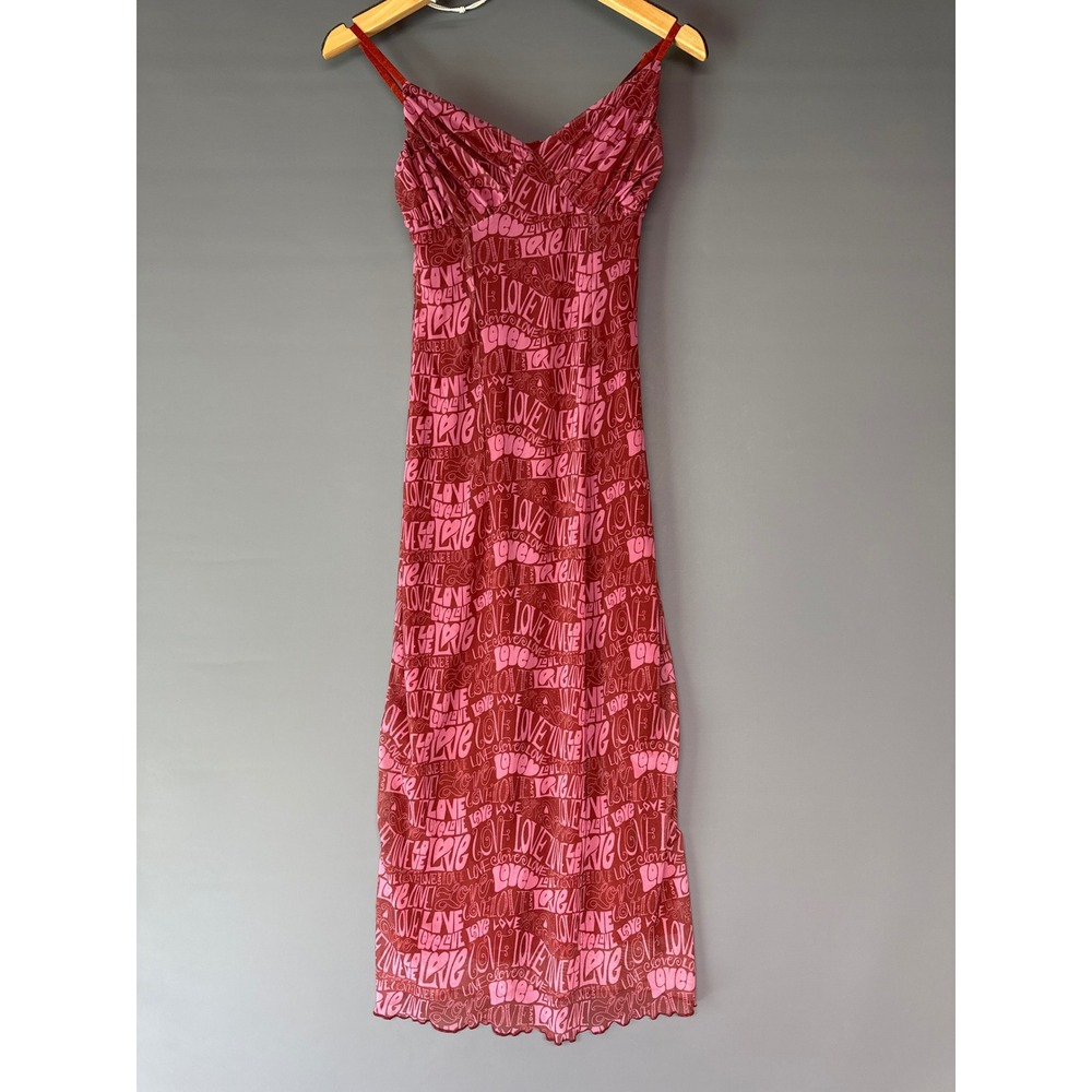 Urban Outfitters Red Pink Love‎ Print Mesh Midi Dress Small V-Neck